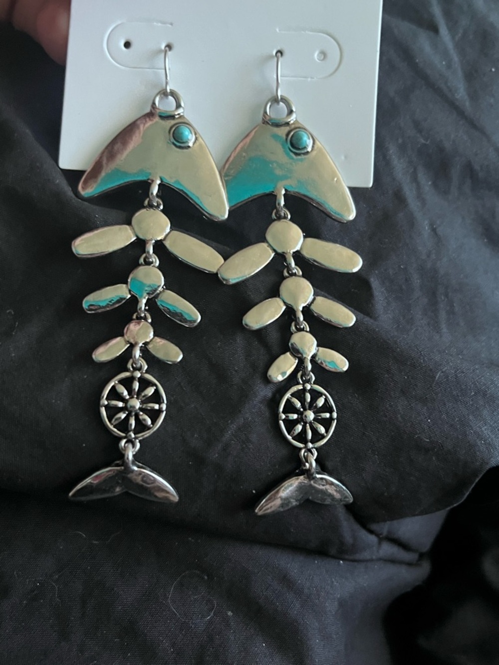 Silver Nautical Fishbone Drop Earrings with Turquoise Accent